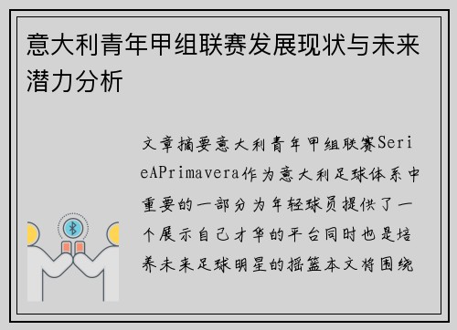 意大利青年甲组联赛发展现状与未来潜力分析
