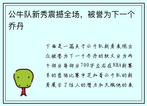 公牛队新秀震撼全场，被誉为下一个乔丹